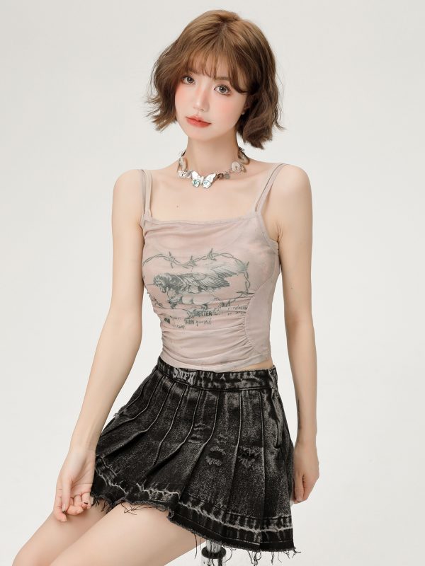 Hot Girl Mesh Camisole - Women's Slimming Summer Top, Fake Two-Piece Style, Trendy 90s-Inspired Fashion