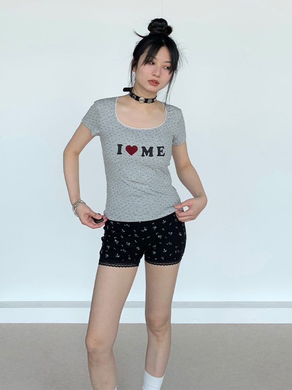 I Love Me Heart Velvet Lace Trim Top with Floral Short Sleeves - Summer Casual Style for Girls