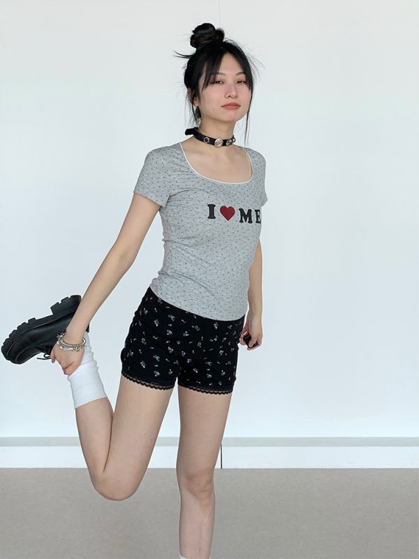 I Love Me Heart Velvet Lace Trim Top with Floral Short Sleeves - Summer Casual Style for Girls