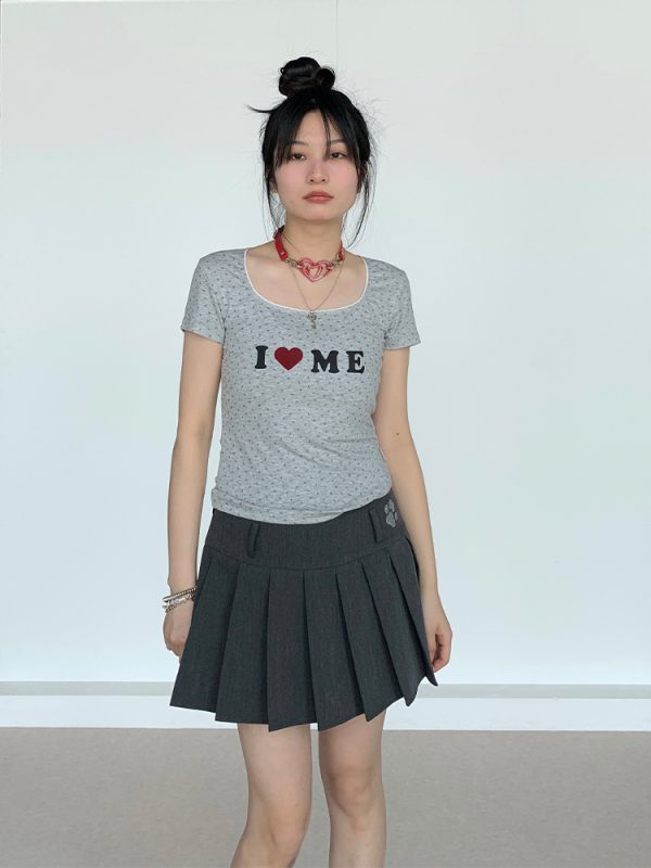 I Love Me Heart Velvet Lace Trim Top with Floral Short Sleeves - Summer Casual Style for Girls