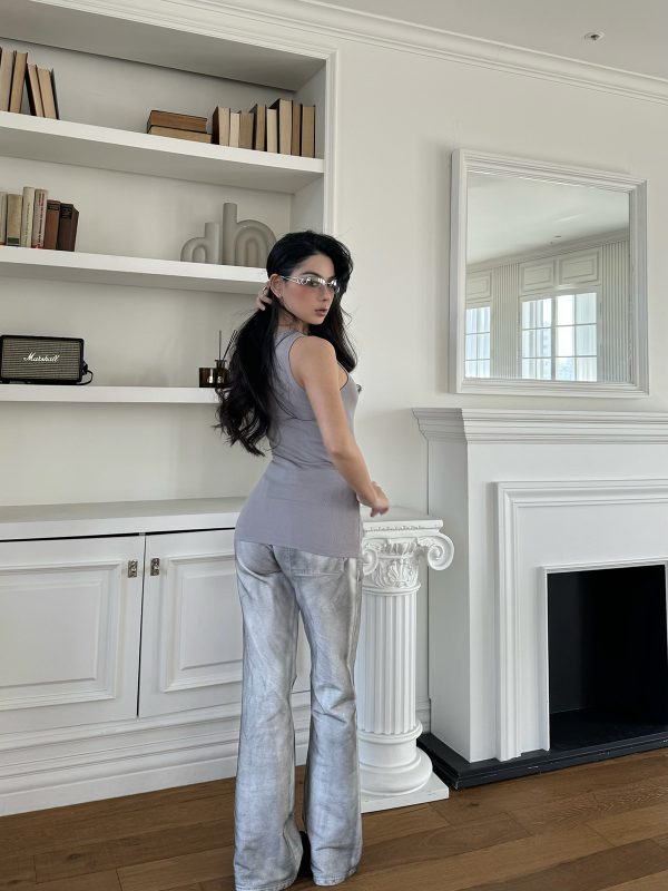 Ink Splash Studded Gray Vest with Flared Pants Set - Trendy Y2K Style Outfit for a Chic Look