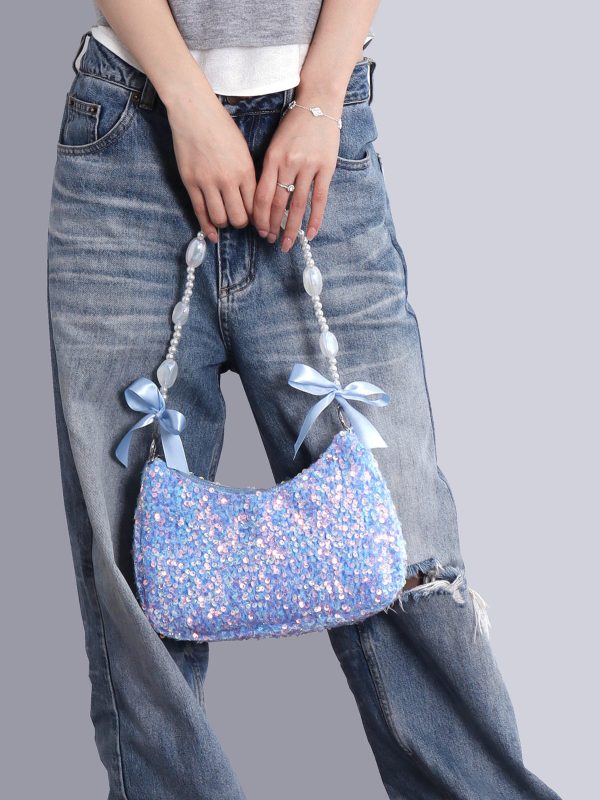 Iridescent Mermaid Sequin Beaded Underarm Bag with Lace-Up Bow - Cute Summer Crossbody Bag for Y2K and Korean Style Fashion