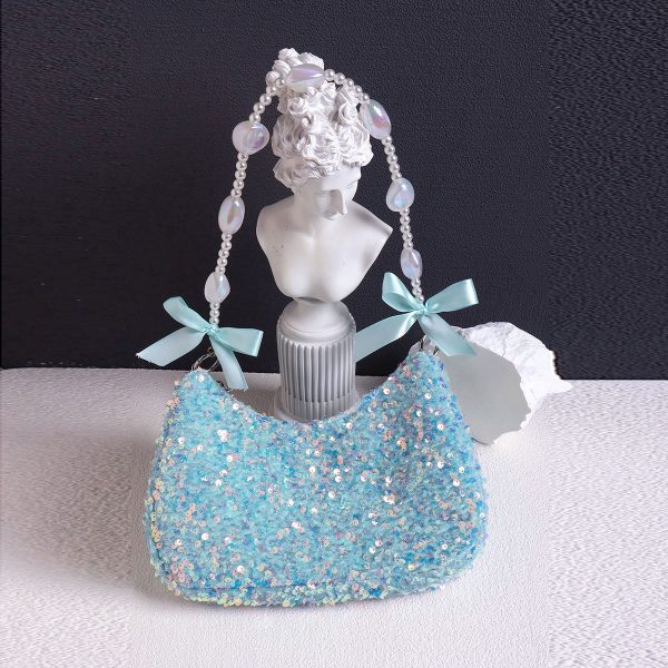 Iridescent Mermaid Sequin Beaded Underarm Bag with Lace-Up Bow - Cute Summer Crossbody Bag for Y2K and Korean Style Fashion