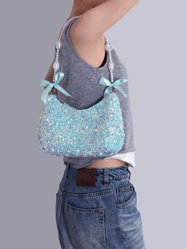 Iridescent Mermaid Sequin Beaded Underarm Bag with Lace-Up Bow - Cute Summer Crossbody Bag for Y2K and Korean Style Fashion