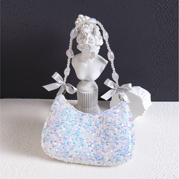 Iridescent Mermaid Sequin Beaded Underarm Bag with Lace-Up Bow - Cute Summer Crossbody Bag for Y2K and Korean Style Fashion