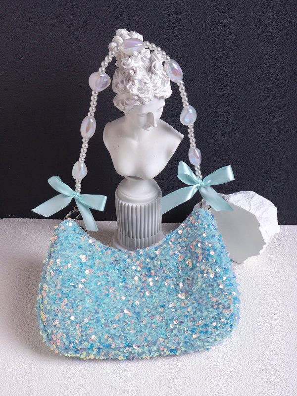 Iridescent Mermaid Sequin Beaded Underarm Bag with Lace-Up Bow - Cute Summer Crossbody Bag for Y2K and Korean Style Fashion
