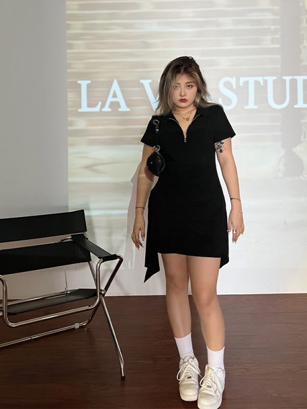 Irregular Design Little Black Dress with Polo Collar - Versatile Slim Fit for Women, Pure Desire Style, Trendy Niche Fashion