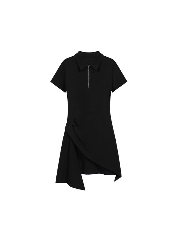 Irregular Design Little Black Dress with Polo Collar - Versatile Slim Fit for Women, Pure Desire Style, Trendy Niche Fashion
