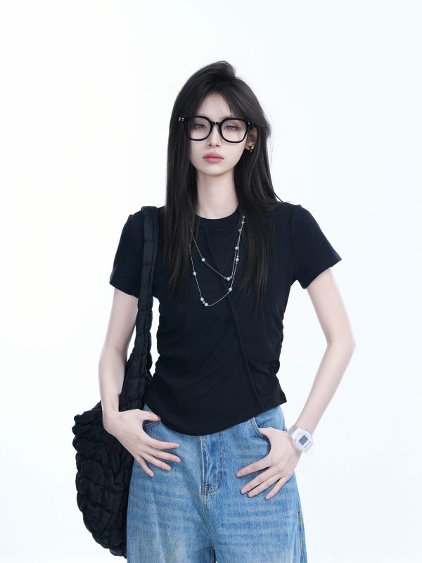 Irregular Pleated Slim Fit Short-Sleeved T-Shirt for Women - Trendy Casual Style