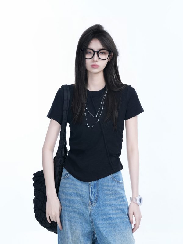Irregular Pleated Slim Fit Short-Sleeved T-Shirt for Women - Trendy Casual Style