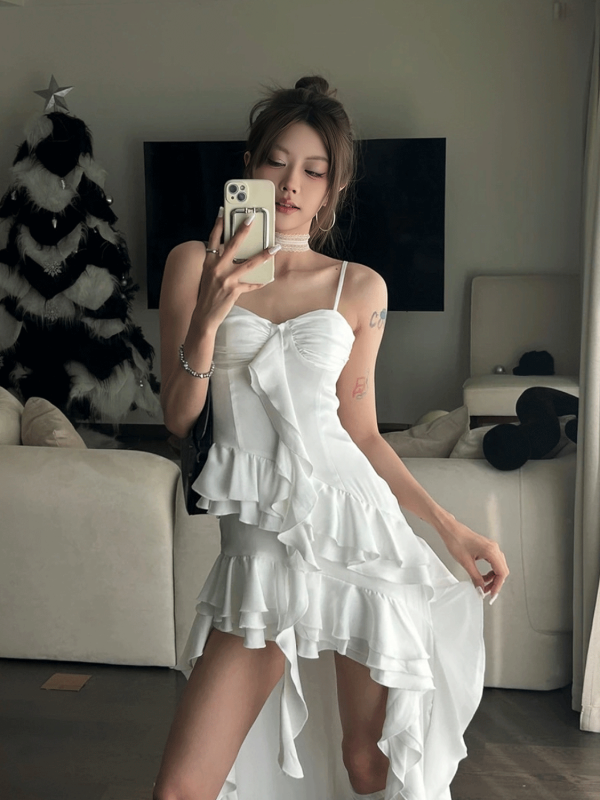 Irregular Satin Flower Bud Ruffled Strap Dress - Elegant Niche Design, Perfect for 90s and Y2K Inspired Fashion