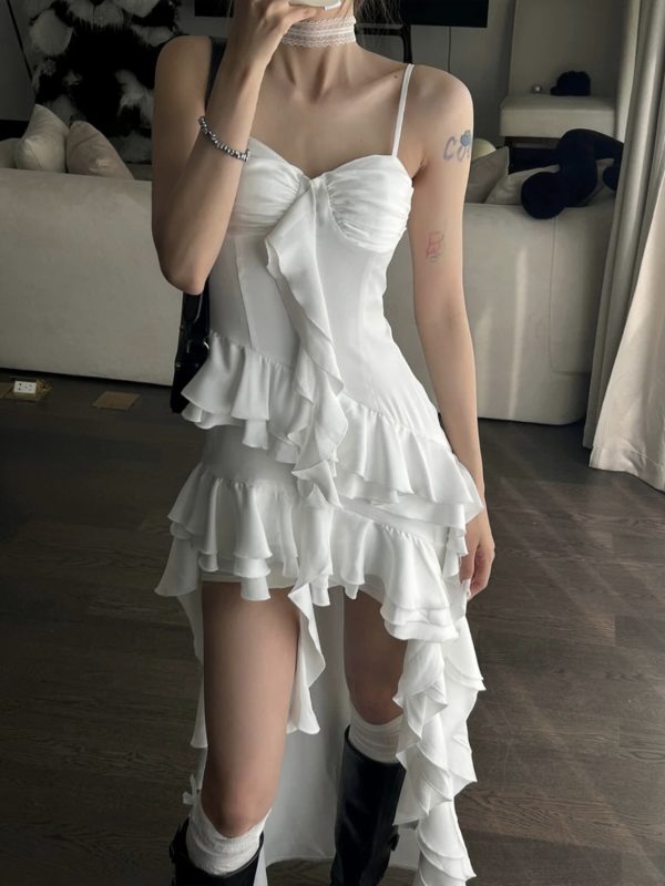 Irregular Satin Flower Bud Ruffled Strap Dress - Elegant Niche Design, Perfect for 90s and Y2K Inspired Fashion