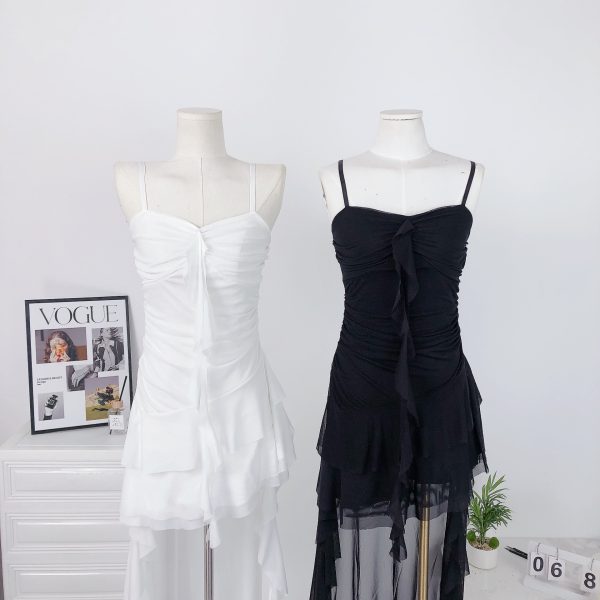 Irregular Satin Flower Bud Ruffled Strap Dress - Elegant Niche Design, Perfect for 90s and Y2K Inspired Fashion