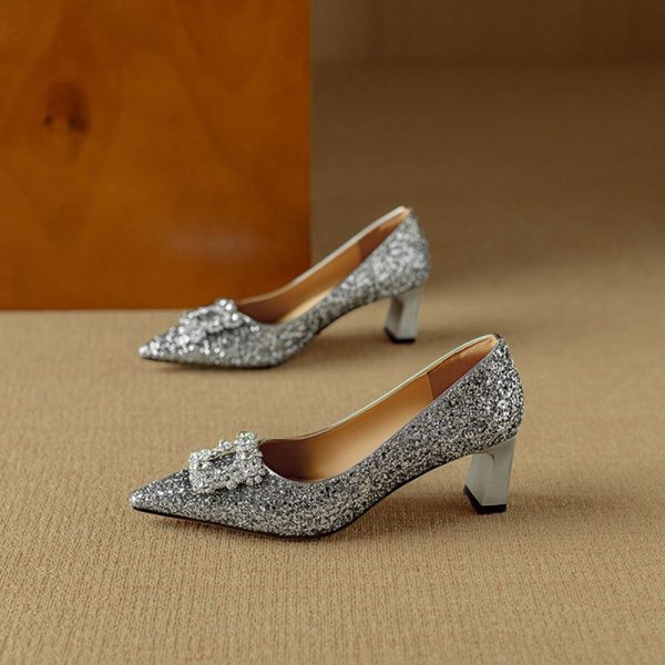Italian Light Luxury Crystal Sequined High-Heeled Shoes for Women - Pointed Toe Square Buckle Flats, Elegant Rhinestone Design