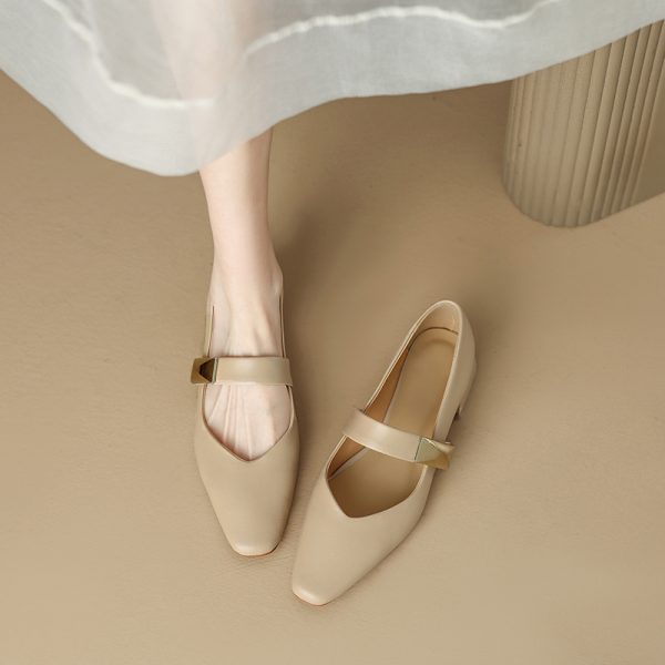 Italian-Style Genuine Leather Square Toe Flats for Women - Comfortable 3 cm Mid-Heel Soft Sole Shoes, Versatile Fashion Footwear