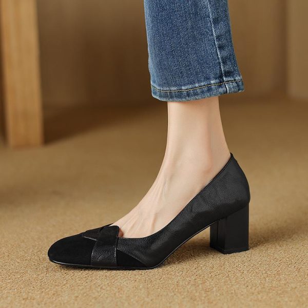 Italian Vintage Genuine Leather Round Toe High Chunky Heel Women's Flats - French Style, Chic Footwear for Effortless Elegance