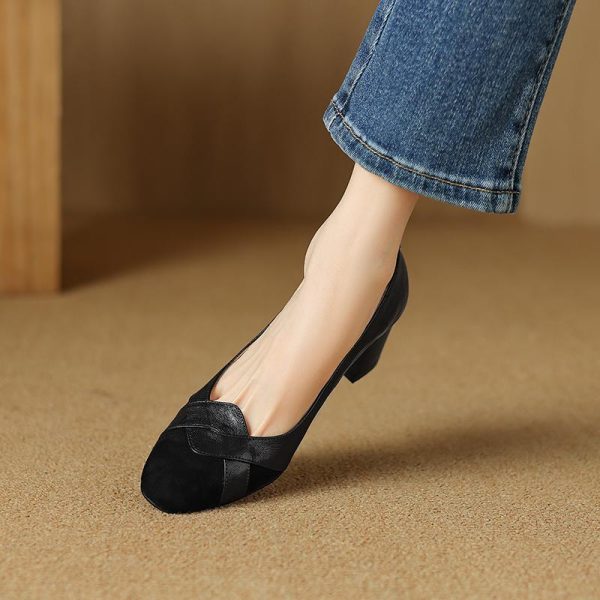 Italian Vintage Genuine Leather Round Toe High Chunky Heel Women's Flats - French Style, Chic Footwear for Effortless Elegance