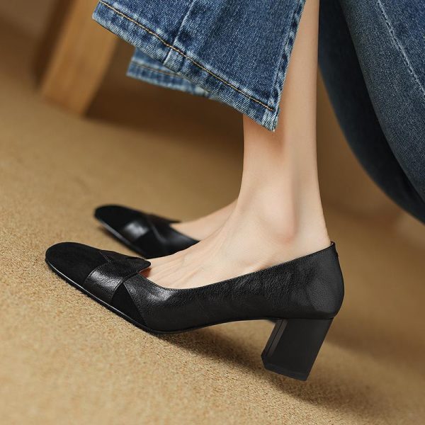 Italian Vintage Genuine Leather Round Toe High Chunky Heel Women's Flats - French Style, Chic Footwear for Effortless Elegance