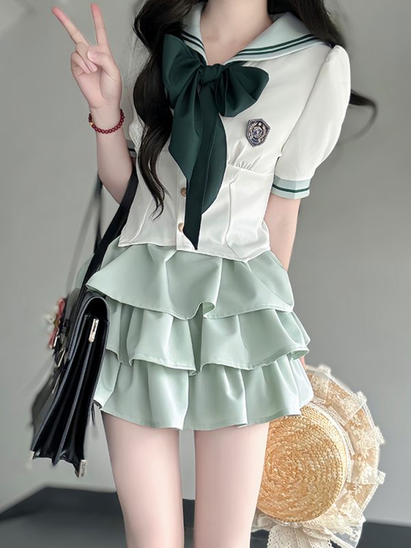 Japanese College Style Pudding Bear JK Uniform Sailor Suit Green Waist-Defined Short Sleeve Summer Outfit with Cake Skirt