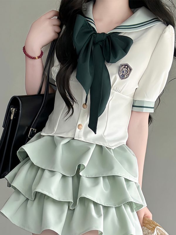 Japanese College Style Pudding Bear JK Uniform Sailor Suit Green Waist-Defined Short Sleeve Summer Outfit with Cake Skirt