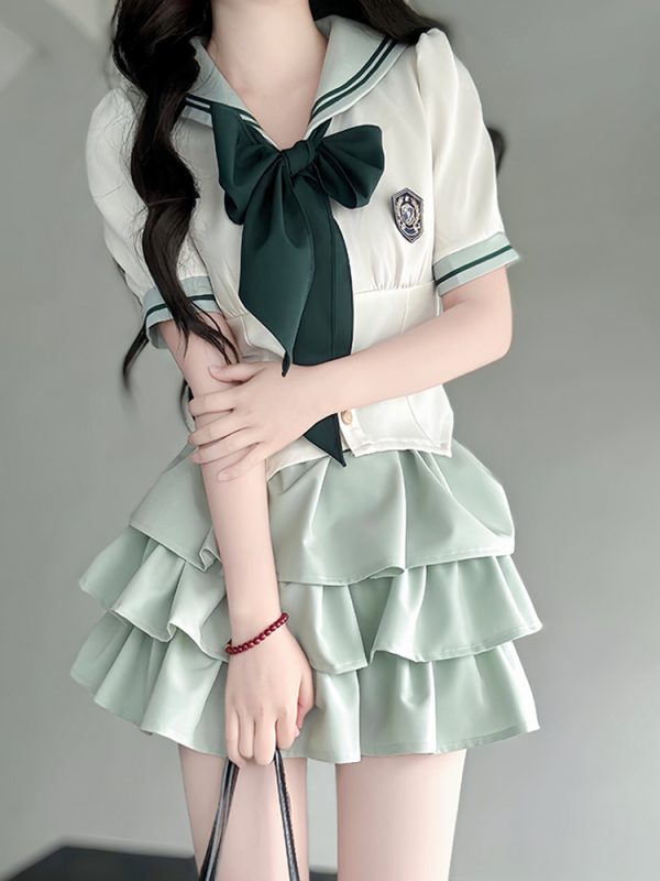 Japanese College Style Pudding Bear JK Uniform Sailor Suit Green Waist-Defined Short Sleeve Summer Outfit with Cake Skirt