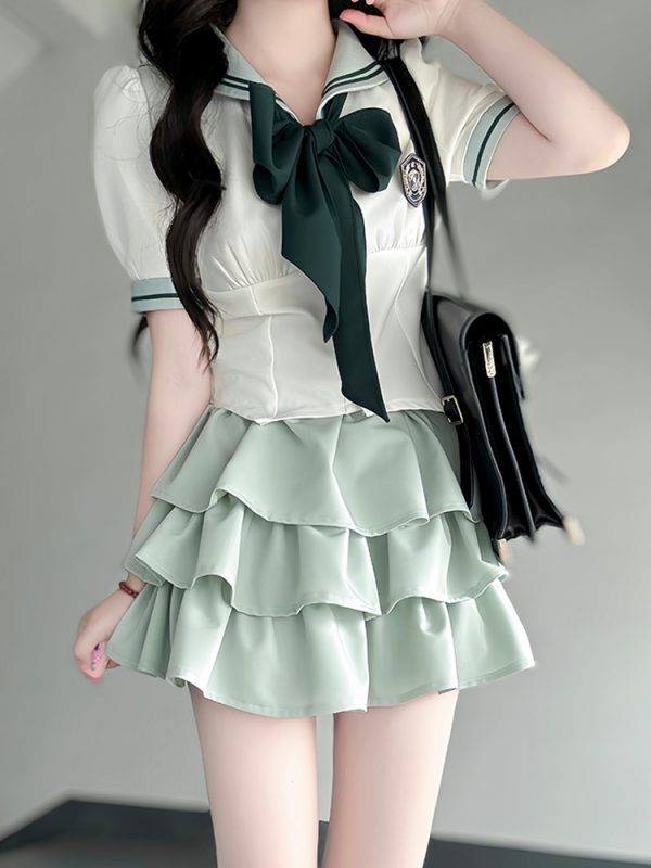 Japanese College Style Pudding Bear JK Uniform Sailor Suit Green Waist-Defined Short Sleeve Summer Outfit with Cake Skirt