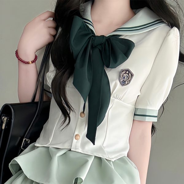 Japanese College Style Pudding Bear JK Uniform Sailor Suit Green Waist-Defined Short Sleeve Summer Outfit with Cake Skirt