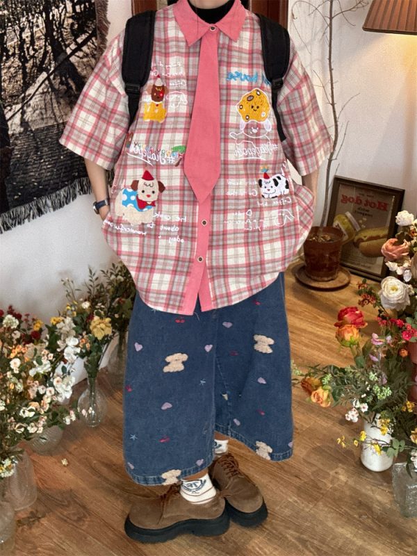 Japanese Retro Cartoon Embroidered Plaid Short Sleeve Shirt for Women - Summer College Style Top