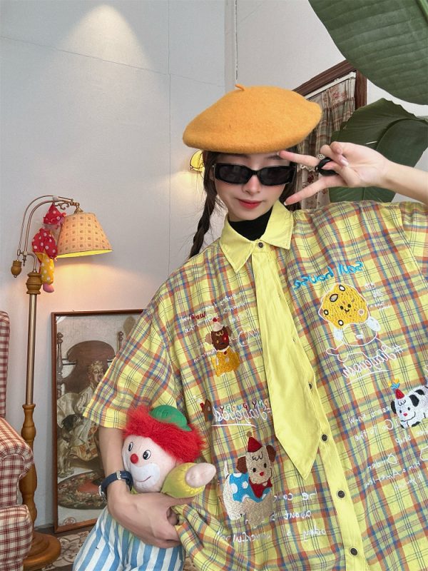 Japanese Retro Cartoon Embroidered Plaid Short Sleeve Shirt for Women - Summer College Style Top