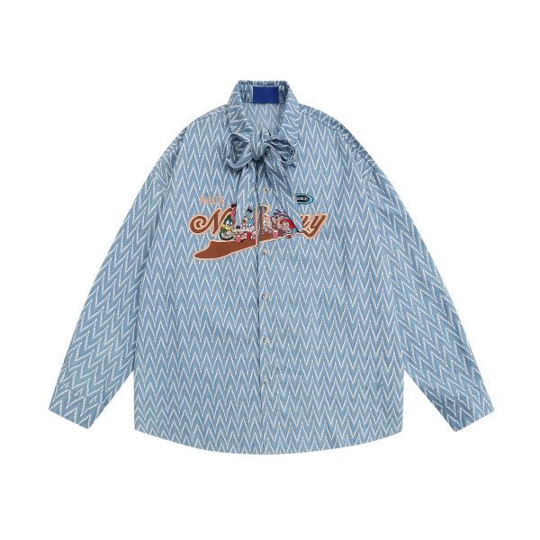 Japanese Retro Cartoon Embroidery Shirt, Loose Gender-Neutral Bow Tie Collar, Summer 90s Ins Style Top