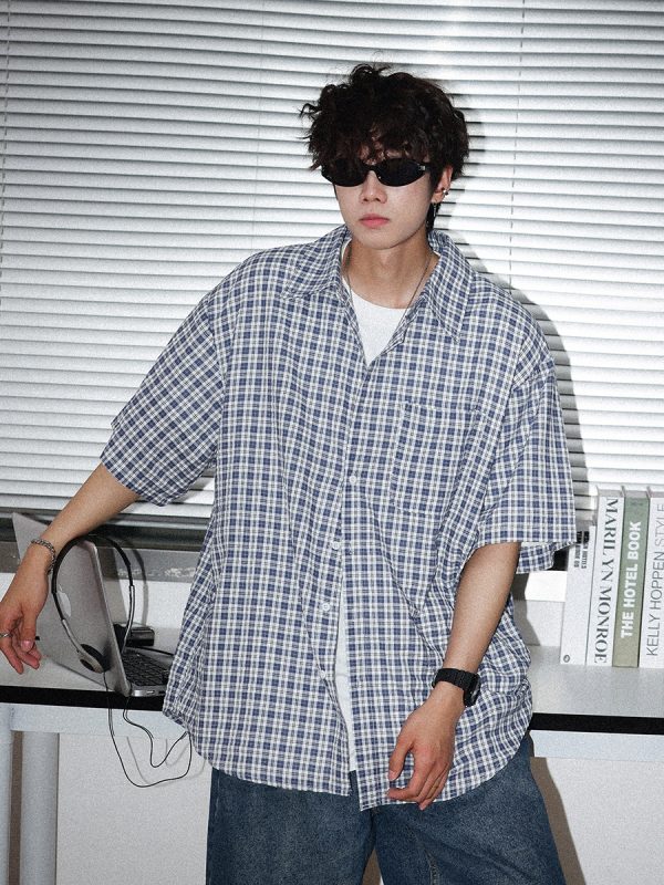 Japanese Retro Checkered Short Sleeve Shirt for Men and Women - Summer BF Style, Casual Loose Fit, Versatile Half-Sleeve Top
