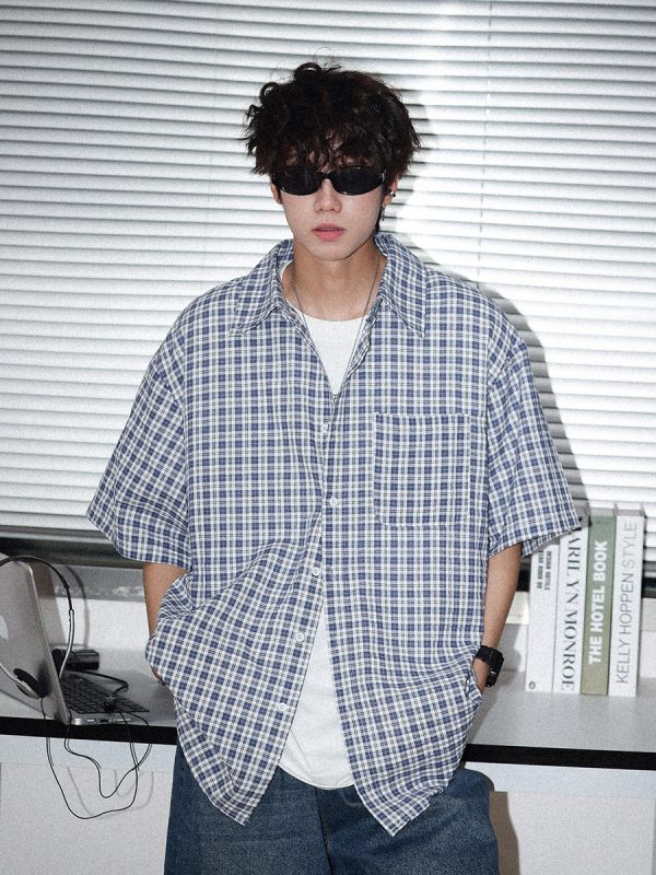 Japanese Retro Checkered Short Sleeve Shirt for Men and Women - Summer BF Style, Casual Loose Fit, Versatile Half-Sleeve Top