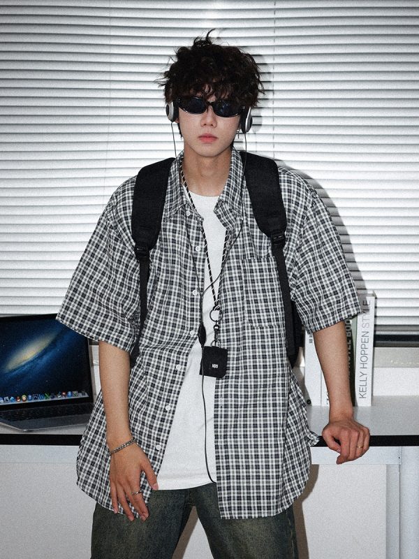 Japanese Retro Checkered Short Sleeve Shirt for Men and Women - Summer BF Style, Casual Loose Fit, Versatile Half-Sleeve Top