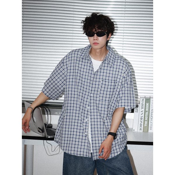 Japanese Retro Checkered Short Sleeve Shirt for Men and Women - Summer BF Style, Casual Loose Fit, Versatile Half-Sleeve Top