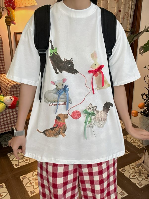Japanese Retro Cute Cat Print Short Sleeve T-Shirt for Women, Bow Detail, Loose Fit, Y2K Style, Casual Summer Top