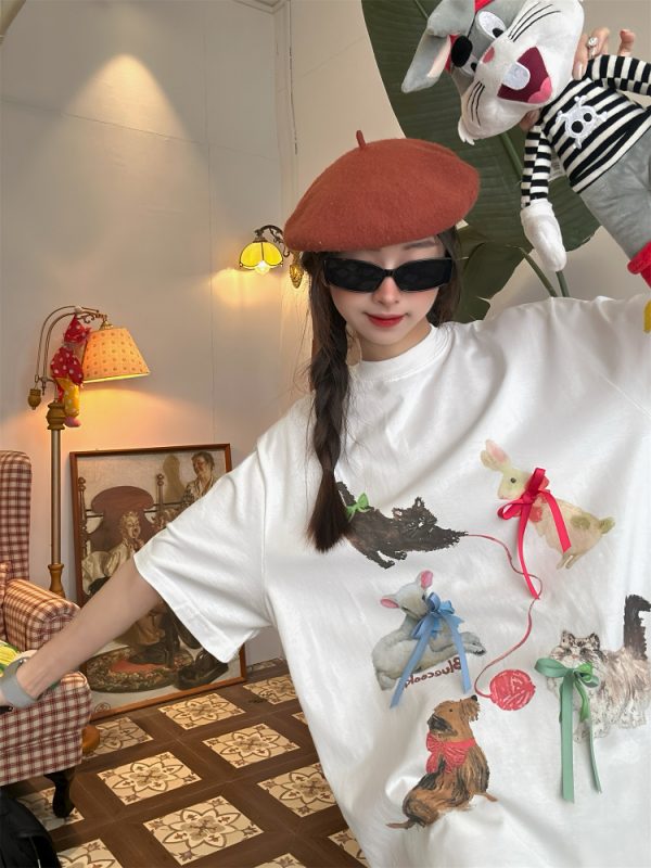 Japanese Retro Cute Cat Print Short Sleeve T-Shirt for Women, Bow Detail, Loose Fit, Y2K Style, Casual Summer Top