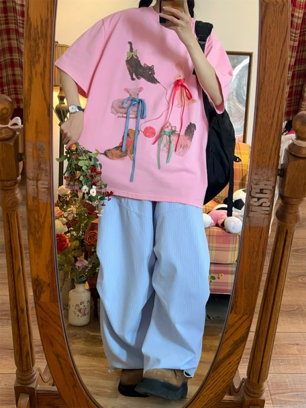 Japanese Retro Cute Cat Print Short Sleeve T-Shirt for Women, Bow Detail, Loose Fit, Y2K Style, Casual Summer Top