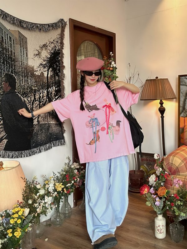 Japanese Retro Cute Cat Print Short Sleeve T-Shirt for Women, Bow Detail, Loose Fit, Y2K Style, Casual Summer Top