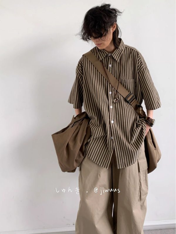 Japanese Retro Harajuku Striped Short Sleeve Shirt for Men and Women - Loose Boyfriend Style Summer Fashion Top