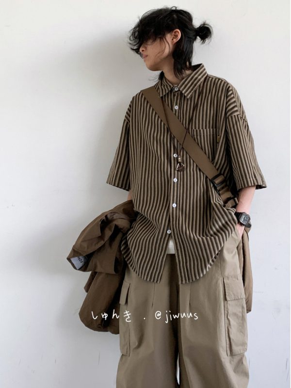 Japanese Retro Harajuku Striped Short Sleeve Shirt for Men and Women - Loose Boyfriend Style Summer Fashion Top