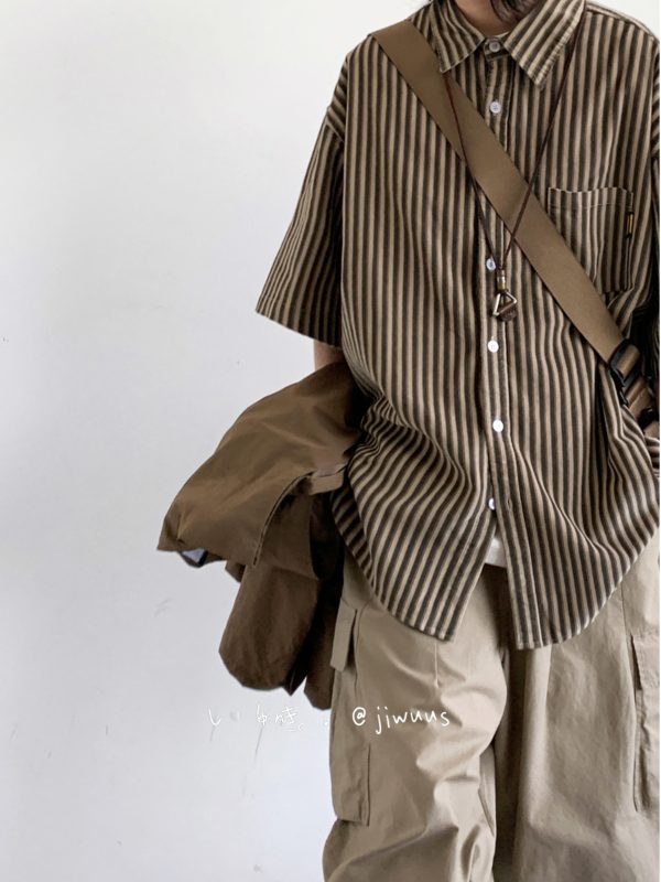 Japanese Retro Harajuku Striped Short Sleeve Shirt for Men and Women - Loose Boyfriend Style Summer Fashion Top