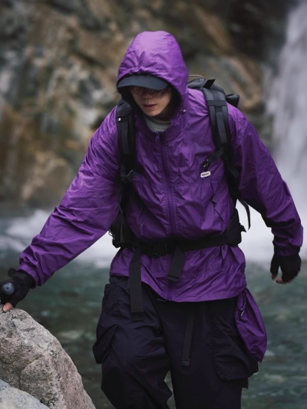Japanese Retro Loose Mountain-Style Hooded Sun Protection Jacket with Irregular Buckle and Drawstring - Trendy Outdoor Climbing Coat