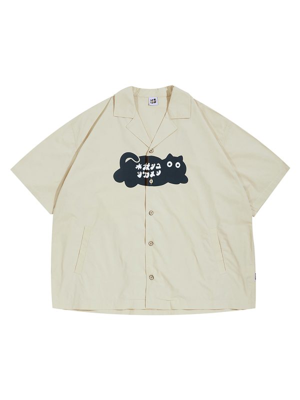 Japanese Retro Men's Short Sleeve Logo Cat Printed Work Shirt - Vintage Inspired Fashion, Casual Style, Y2K Aesthetic