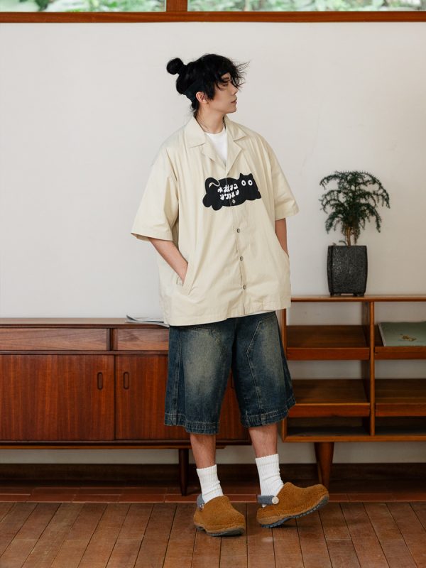 Japanese Retro Men's Short Sleeve Logo Cat Printed Work Shirt - Vintage Inspired Fashion, Casual Style, Y2K Aesthetic