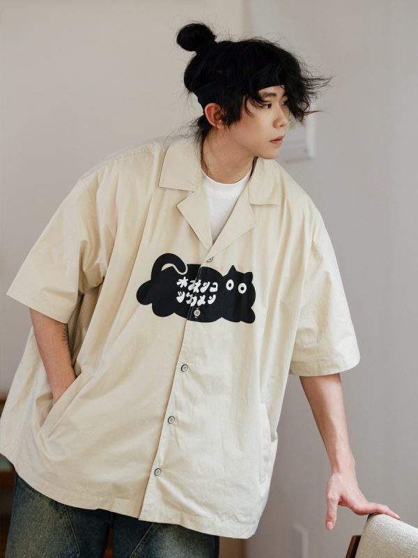 Japanese Retro Men's Short Sleeve Logo Cat Printed Work Shirt - Vintage Inspired Fashion, Casual Style, Y2K Aesthetic