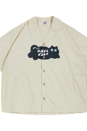 Japanese Retro Men's Short Sleeve Logo Cat Printed Work Shirt - Vintage Inspired Fashion, Casual Style, Y2K Aesthetic