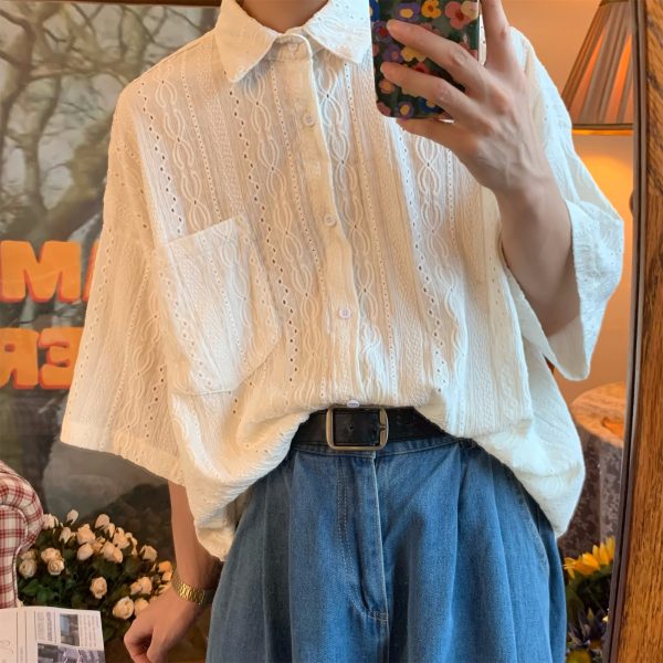 Japanese Retro Minimalist Hollow Short Sleeve Shirt - Handmade Light Luxury Unisex Summer Fashion Top