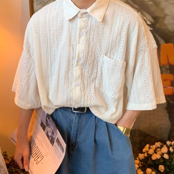 Japanese Retro Minimalist Hollow Short Sleeve Shirt - Handmade Light Luxury Unisex Summer Fashion Top