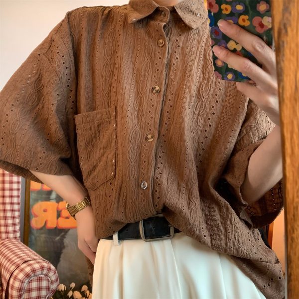 Japanese Retro Minimalist Hollow Short Sleeve Shirt - Handmade Light Luxury Unisex Summer Fashion Top