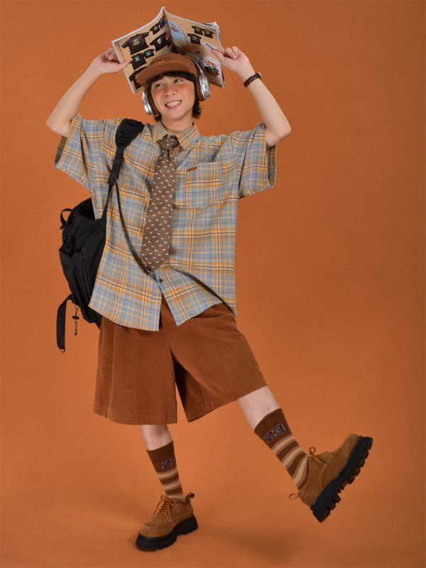 Japanese Retro Plaid Short Sleeve Shirt for Men and Women, Summer Loose Checkered Half Sleeve Top, Versatile 90s Style Fashion